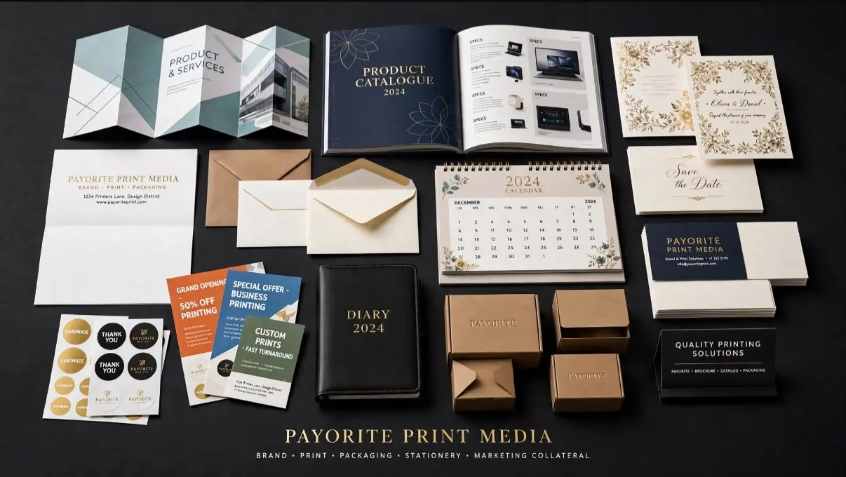Brochures, catalogues, calendars, diaries, business cards, stickers and boxes printed by Payorite