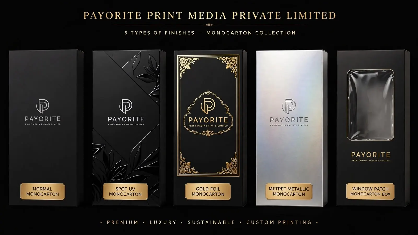 Monocartons in five finishes by Payorite: normal, Spot UV, gold foil, metpet metallic and window patch